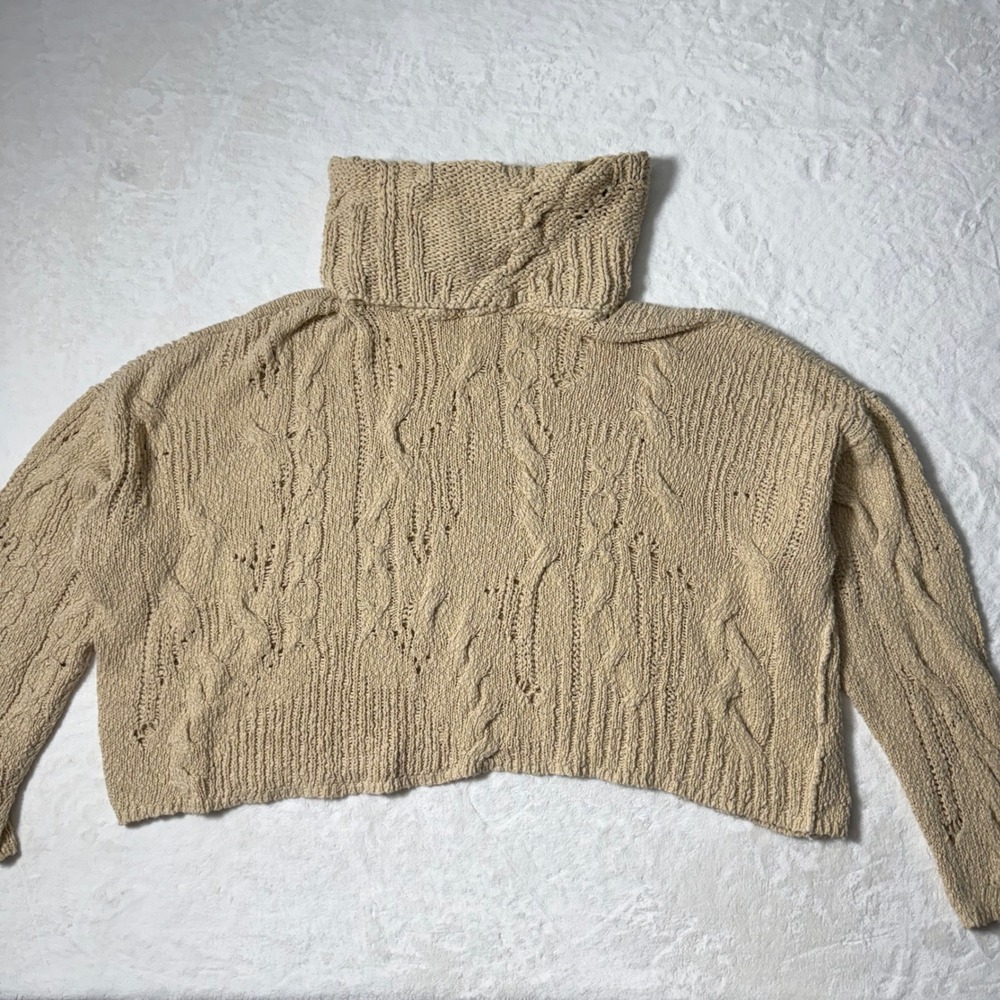 Free People Shades Of Dawn Cowl‎ Neck Cable Knit Sweater Size Large Crop Slouchy
